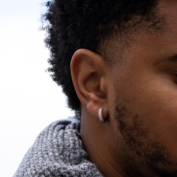 Mens Iced Two Tone Rose Gold Sterling Silver Small CZ Huggie Hoops Earrings - Picture 4 of 4